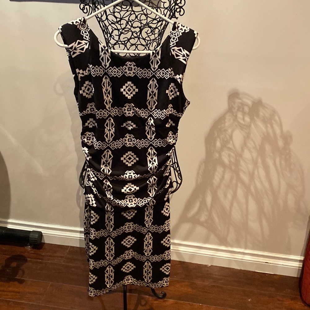 Adorable black and white dress by INC with rouched waistline